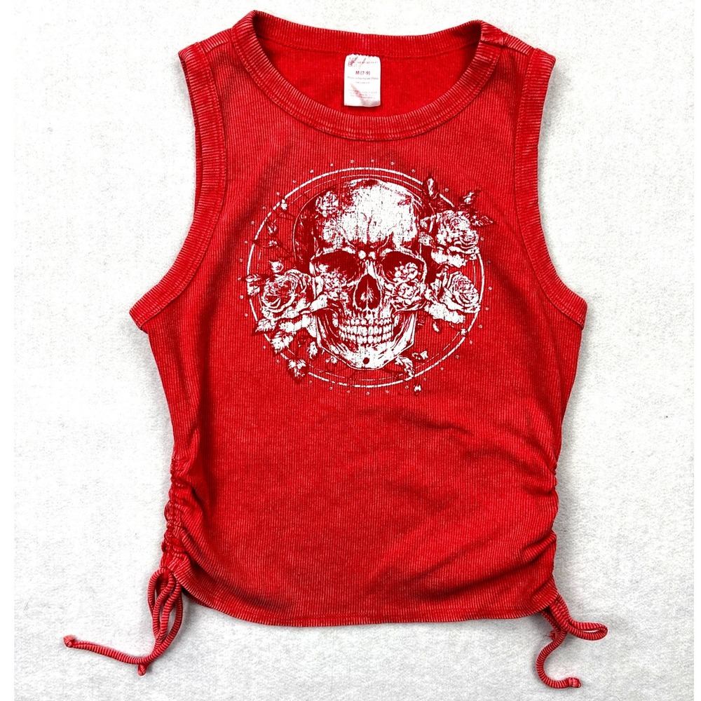 No Boundaries Ruched Skull Graphic Tank Topā Womens Medium Red Rhinestone Grunge